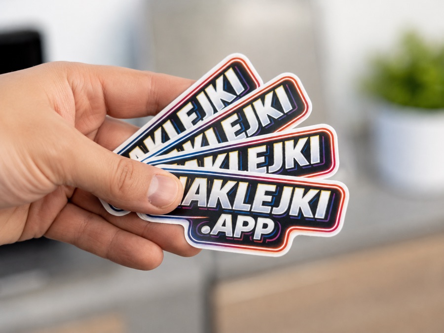 Naklejki z logo naklejki.app trzymane w dłoni